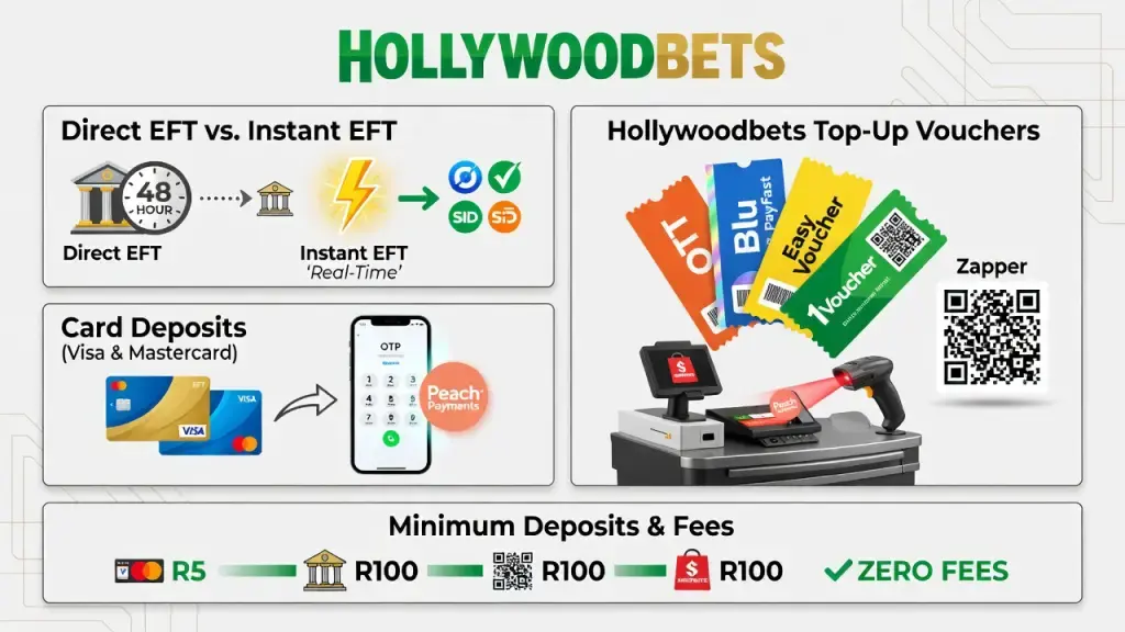 How Hollywoodbets Structures Deposits Across Cards, EFT and Vouchers